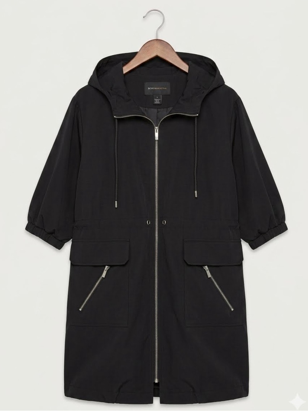 BCBG MAXAZRIA Black Hooded Zip-Front Parka Coat